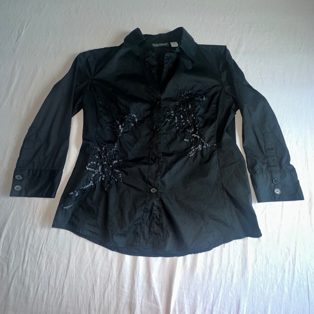 Harve Benard Women's Black Sequin Floral Embroidered Button Down Shirt Blouse L